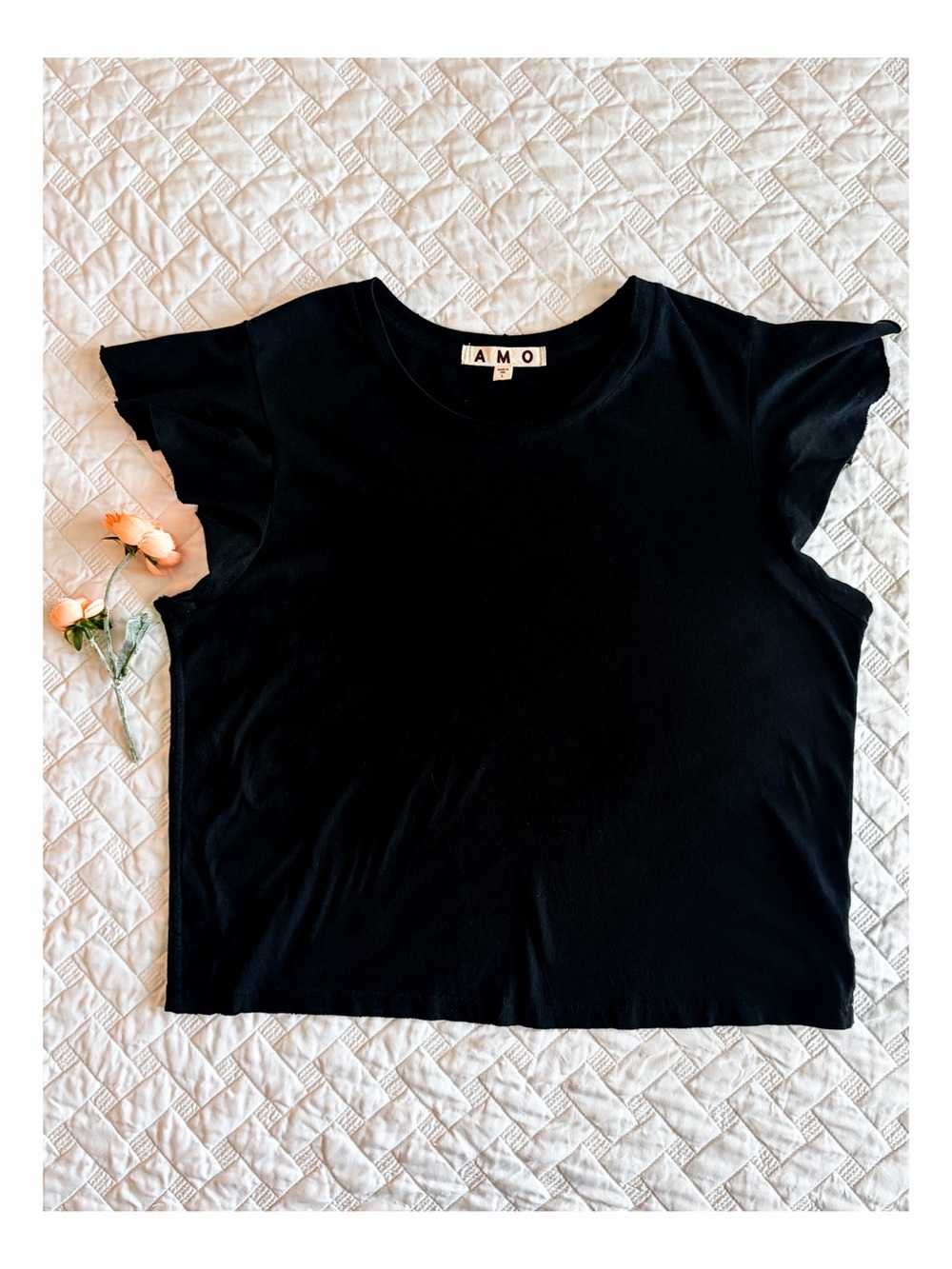 AMO Black Flutter Sleeve Tee Size Large 100% Cotton